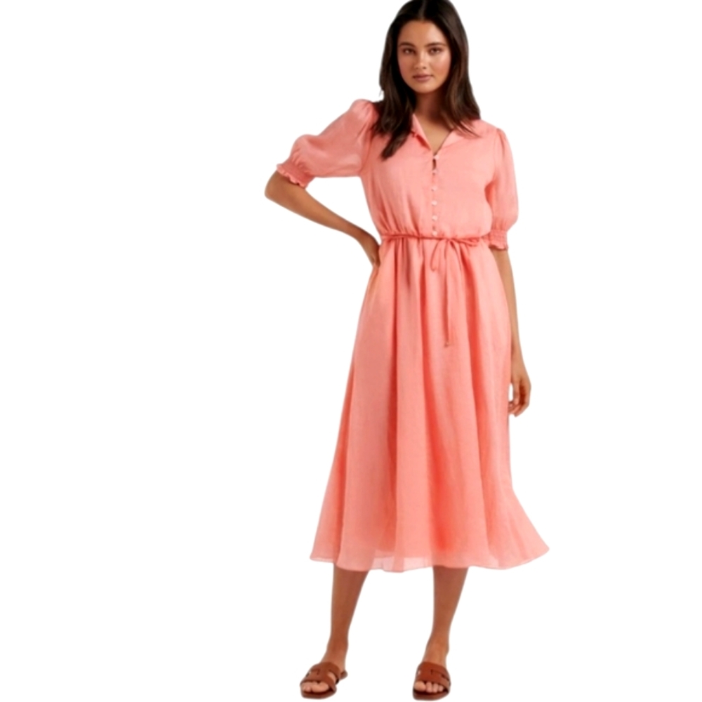 Nwt Forever New Farly Peach,(hint of Pink) Raime Puffed Sleeve Flowy Midi Dress